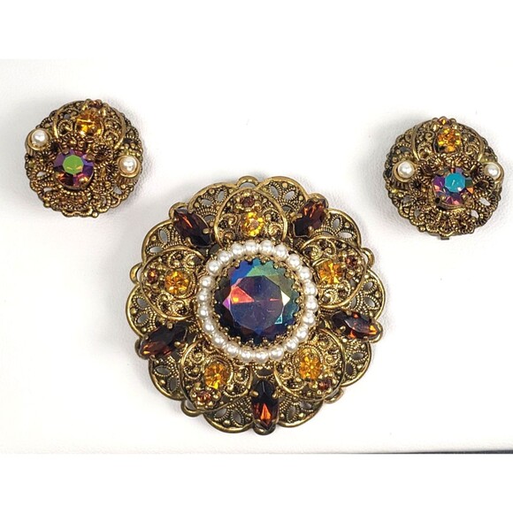 Vtg West Germany Aurora Borealis Amber Topaz Rhinestone Faux Pearl Brooch Set - Picture 1 of 16
